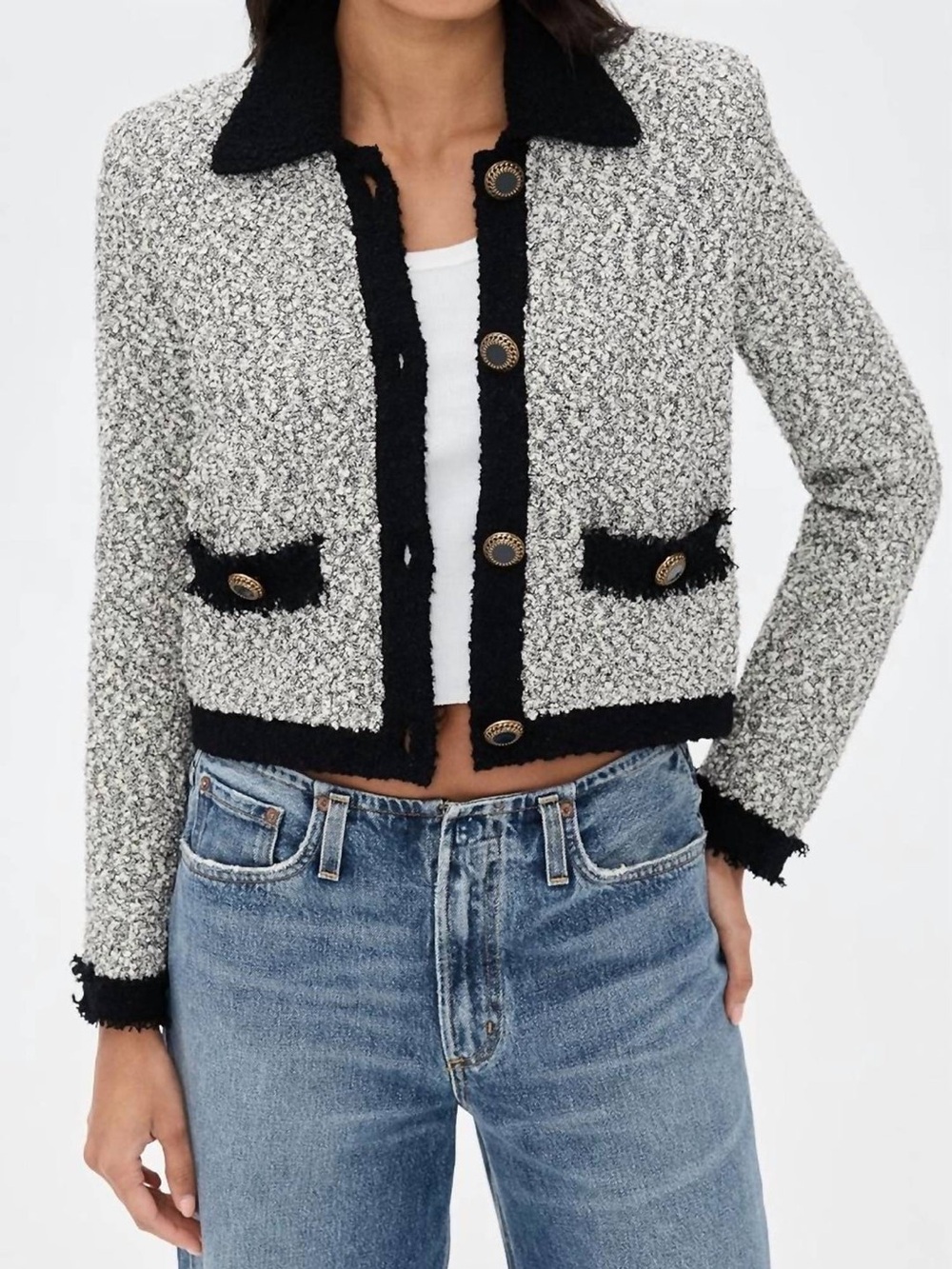 L’AGENCE Arielle Tweed Bouclé Jacket White Black Gold Buttons Designer